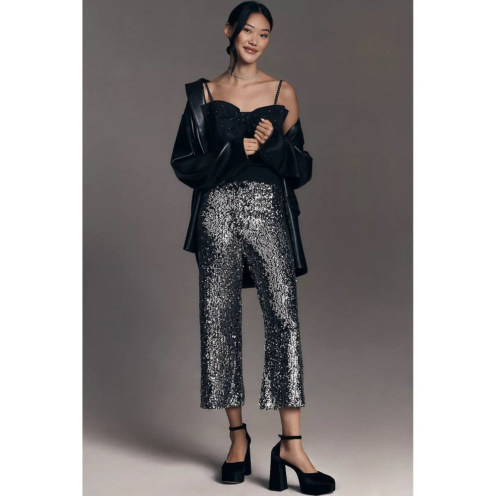 Maeve Anthropologie The Colette Sequin Cropped Wide Leg Pants Silver Black 23